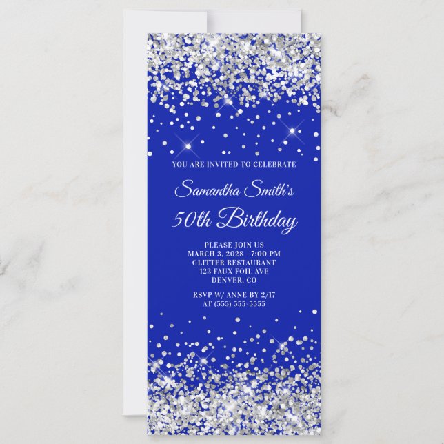 Silver Glitter Royal Blue 50th Birthday Invitation (Front)