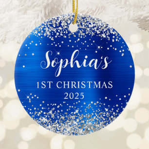 Silver Glitter Royal Blue Foil 1st Christmas Photo Ceramic Tree Decoration