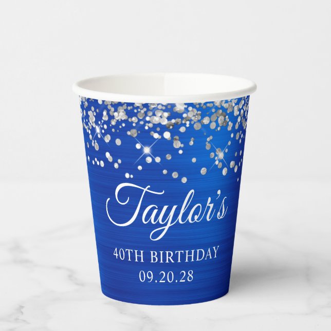 Silver Glitter Royal Blue Foil 40th Birthday Paper Cups (Left)