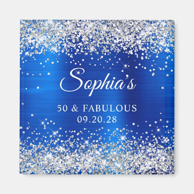 Silver Glitter Royal Blue Foil 50 & Fabulous Magnet (Front)