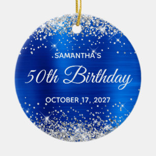 Silver Glitter Royal Blue Foil 50th Birthday Ceramic Tree Decoration