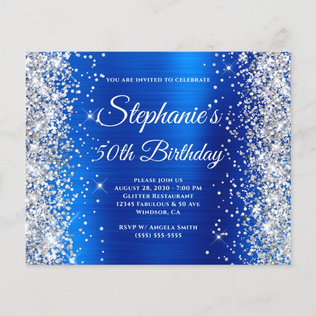 Silver Glitter Royal Blue Foil 50th Birthday Flyer (Front)