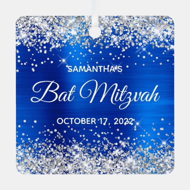 Silver Glitter Royal Blue Foil Bat Mitzvah Metal Tree Decoration (Front)