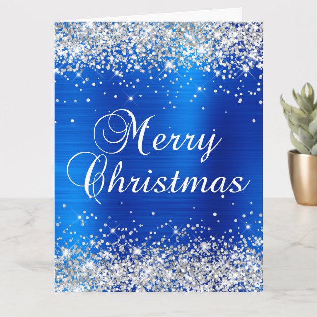 Silver Glitter Royal Blue Foil Big Merry Christmas Card (Small Plant)