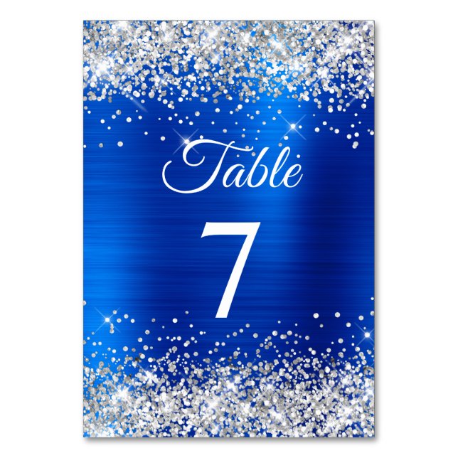 Silver Glitter Royal Blue Foil Elegant Calligraphy Table Number (Front)