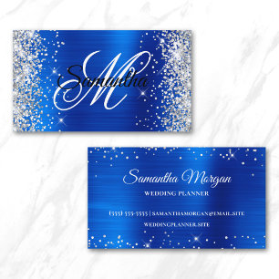 Silver Glitter Royal Blue Foil Fancy Monogram Business Card