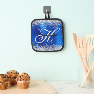 Silver Glitter Royal Blue Foil Fancy Monogram Pot Holder