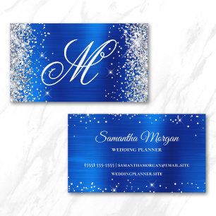 Silver Glitter Royal Blue Foil Fancy Monogrammed Business Card