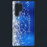 Silver Glitter Royal Blue Girly Signature Samsung Galaxy Case<br><div class="desc">Girly faux sparkly silvery glitter highlights on the left edge, over a faux bright jewel tone royal blue ombre brushed metal foil. The modern girly signature features an elegant white calligraphy font with decorative tails in a vertical format. Customise the font styles or move the sparkle graphics to create your...</div>