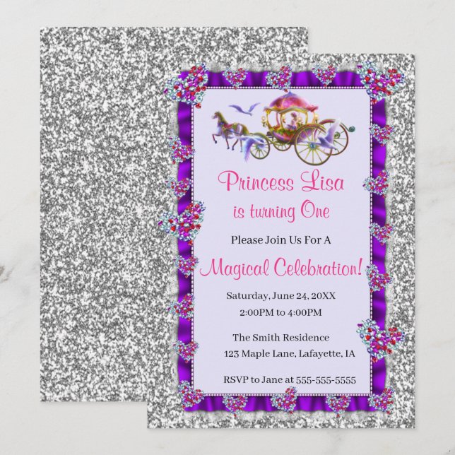 Silver Glitter Royal Princess Birthday Invitation (Front/Back)