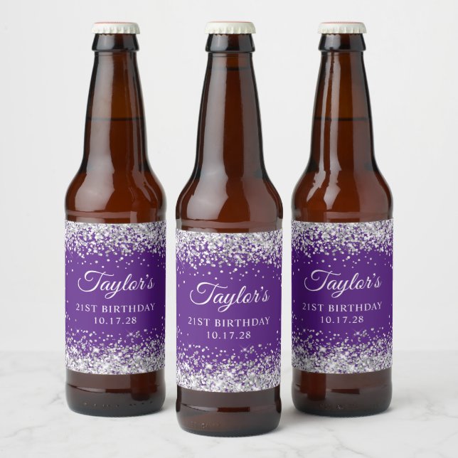 Silver Glitter Royal Purple 21st Birthday Beer Bottle Label (Bottles)