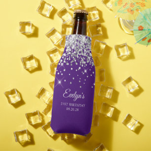 Silver Glitter Royal Purple 21st Birthday Bottle Cooler