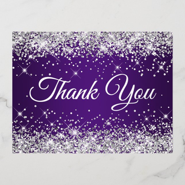 Silver Glitter Royal Purple Birthday Thank You Foil Invitation Postcard (Front)