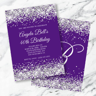 Silver Glitter Royal Purple Monogram 40th Birthday Invitation