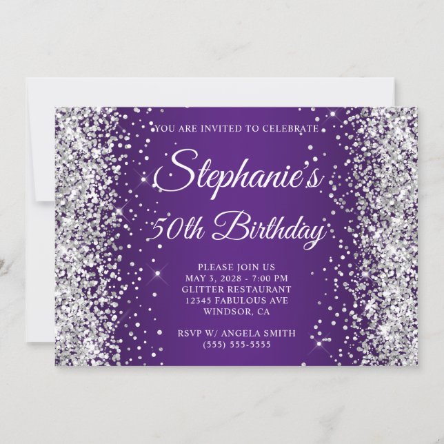 Silver Glitter Royal Purple Monogram 50th Birthday Invitation (Front)