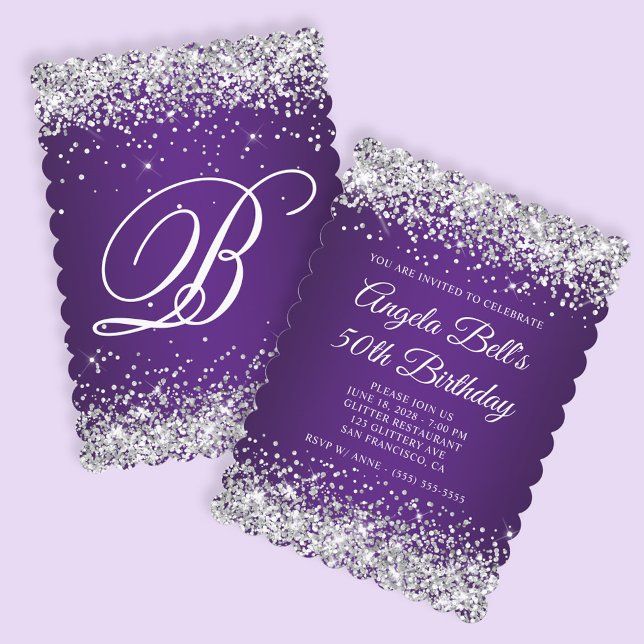 Silver Glitter Royal Purple Monogram 50th Birthday Invitation (Create your own royal purple with faux silver glitter birthday invite.)