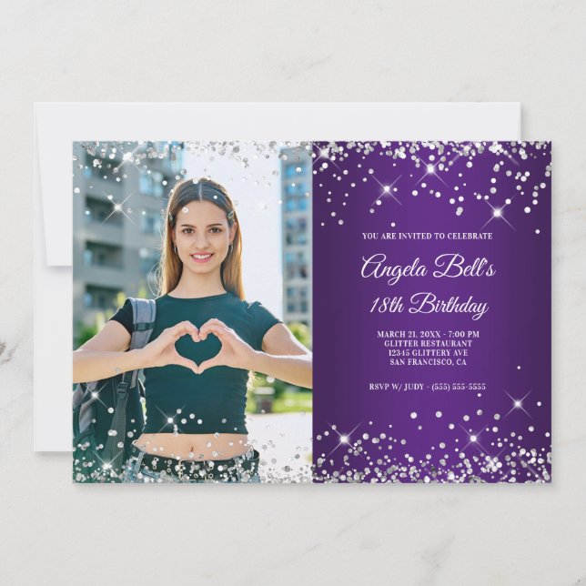 Silver Glitter Royal Purple Photo 18th Birthday Invitation (Front)