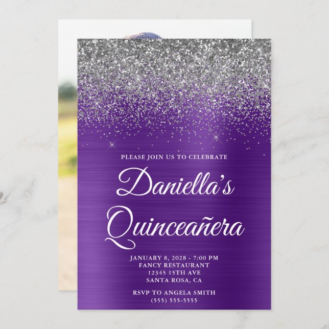 Silver Glitter Royal Purple Photo Quinceañera Invitation (Front/Back)