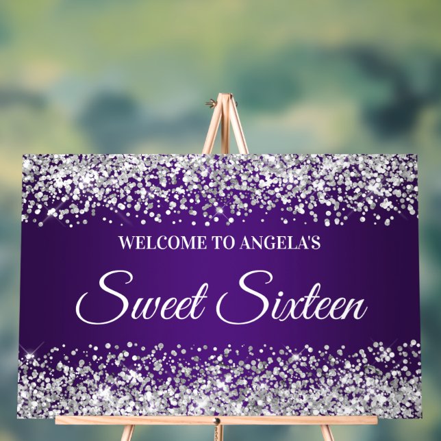 Silver Glitter Royal Purple Sweet Sixteen Acrylic Sign (Neutral)