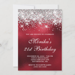 Silver Glitter Royal Red Ombre Bold 21st Birthday  Invitation