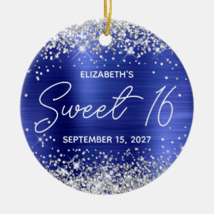 Silver Glitter Sapphire Blue Fancy Sweet 16 Photo Ceramic Tree Decoration