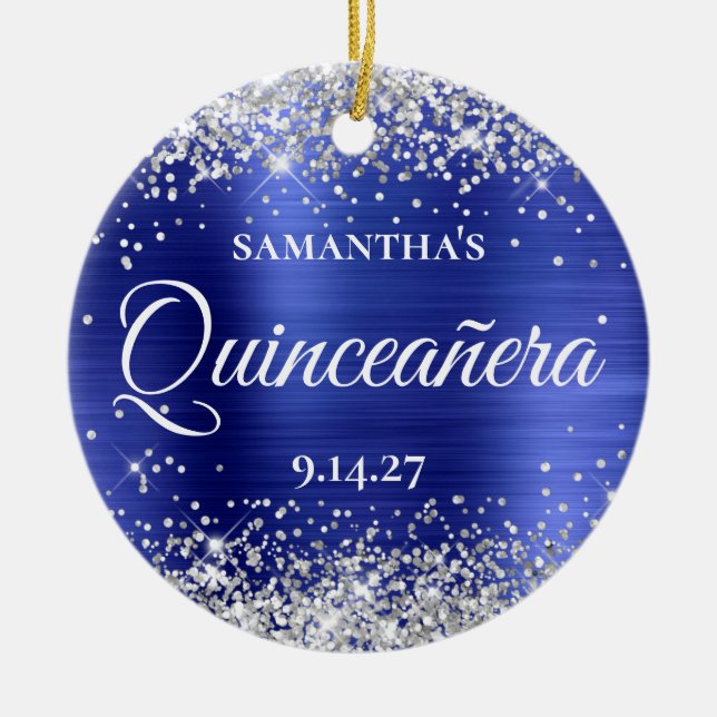 Silver Glitter Sapphire Blue Quinceañera Photo Ceramic Tree Decoration (Front)