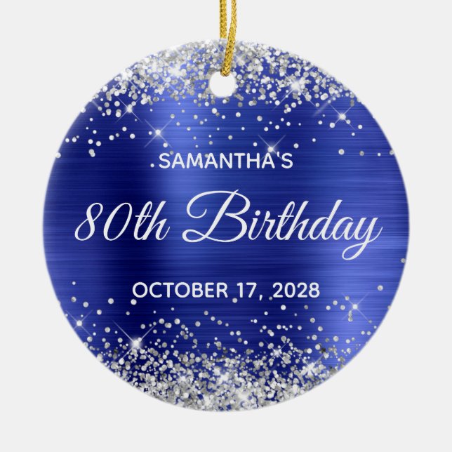 Silver Glitter Sapphire Foil 80th Birthday Ceramic Tree Decoration (Front)