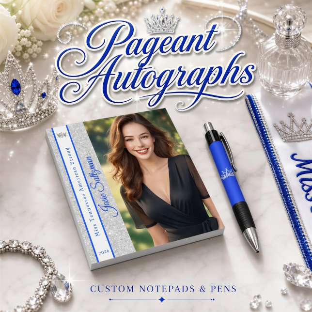 Silver Glitter Sash Autograph Notepad (Complete your pageant brand with a custom photo notepad and pen set for autographs at pageants)