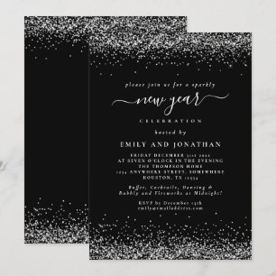 Silver Glitter Script Black New Years Eve Party  Invitation