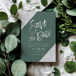 Silver glitter script emerald green save the date announcement postcard