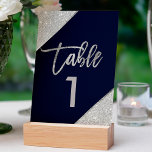 Silver glitter script navy blue table number<br><div class="desc">Silver  typography on customisable navy blue rose gold glitter colour block,  and faux silver geometric stripes chic table number wedding ,  perfect for elegant,  beach wedding, </div>