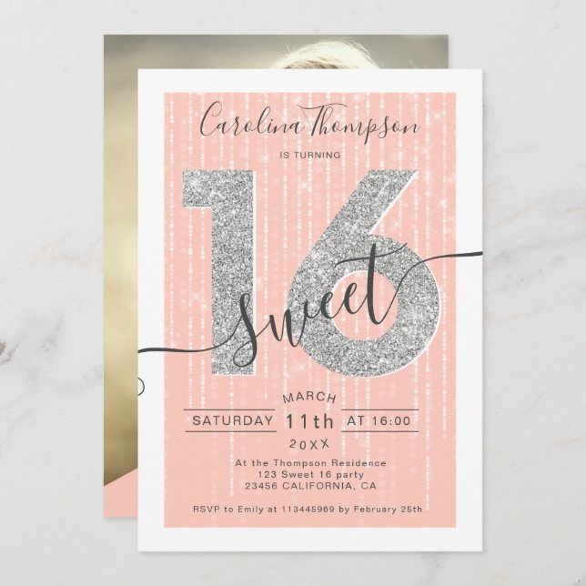 Silver glitter script peach Sweet 16 photo Invitation (Front/Back)