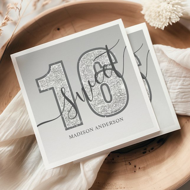 Silver Glitter Script Sweet 16 Birthday Napkin (Creator Uploaded)