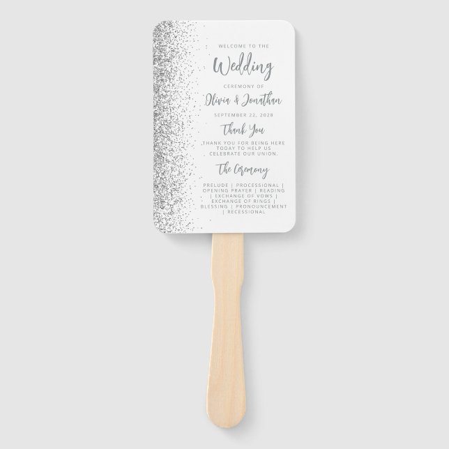 Silver Glitter Script White Wedding Program Hand Fan (Front)
