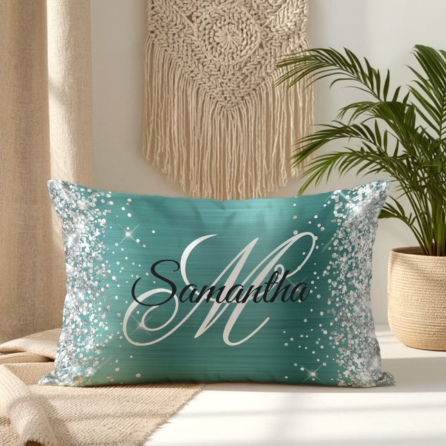 Silver Glitter Shiny Aqua Teal Foil Fancy Monogram Lumbar Cushion (Silver Glitter Shiny Aqua Teal Foil Fancy Monogram Lumbar Pillow)