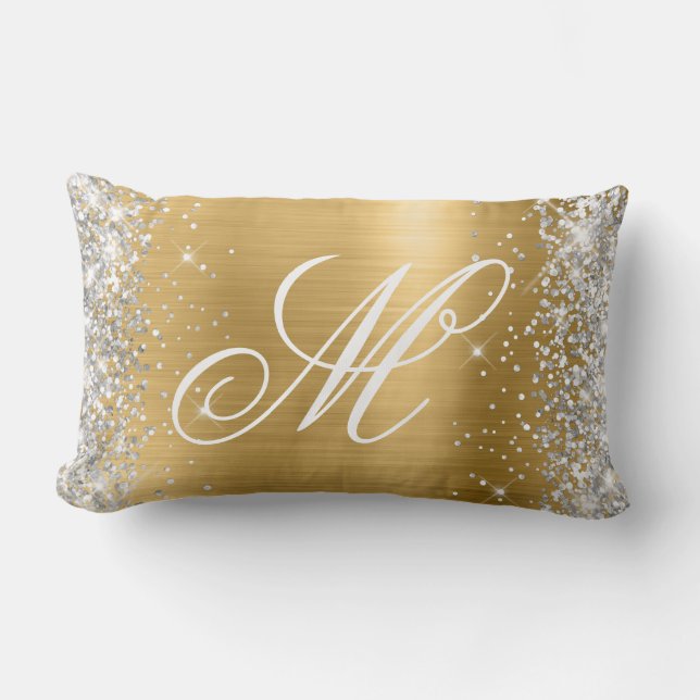 Silver Glitter Shiny Gold Foil Fancy Monogrammed Lumbar Cushion (Front)