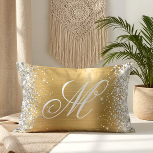 Silver Glitter Shiny Gold Foil Fancy Monogrammed Lumbar Cushion