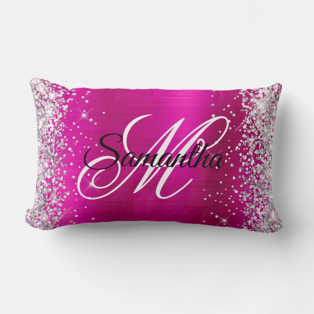 Silver Glitter Shiny Hot Pink Foil Fancy Monogram Lumbar Cushion (Front)
