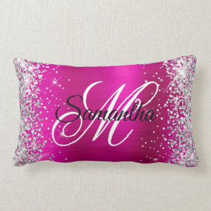 Silver Glitter Shiny Hot Pink Foil Fancy Monogram Lumbar Cushion