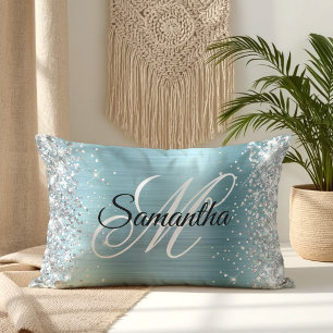 Silver Glitter Shiny Light Blue Foil Monogram Lumbar Cushion