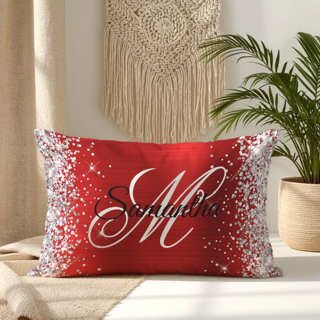 Silver Glitter Shiny Red Foil Fancy Monogram Lumbar Cushion (Silver Glitter Shiny Red Foil Fancy Monogram Lumbar Pillow)