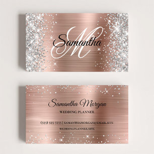 Silver Glitter Shiny Rose Gold Foil Fancy Monogram Business Card