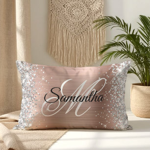 Silver Glitter Shiny Rose Gold Foil Monogram Lumbar Cushion
