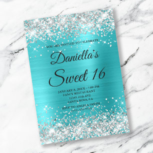 Silver Glitter Shiny Turquoise Blue Foil Sweet 16 Invitation