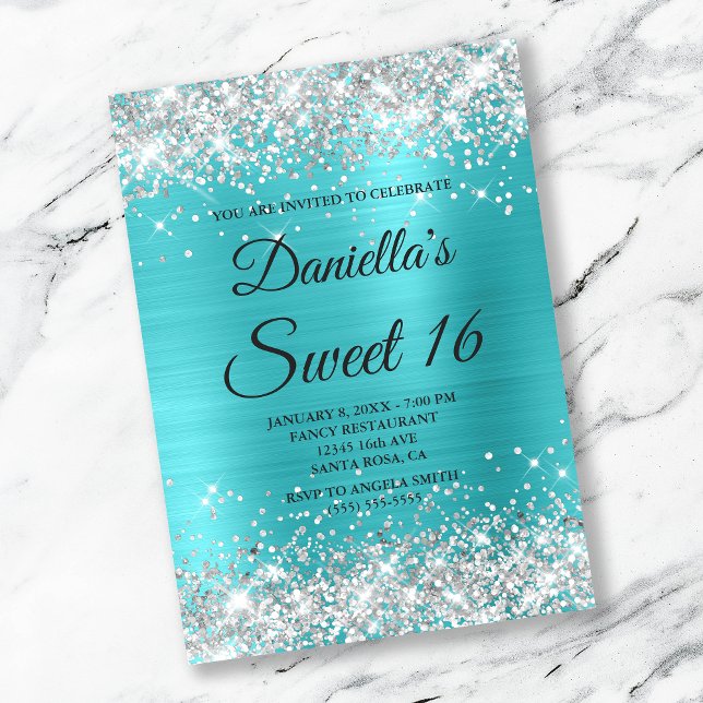 Silver Glitter Shiny Turquoise Blue Foil Sweet 16 Invitation (Creator Uploaded)