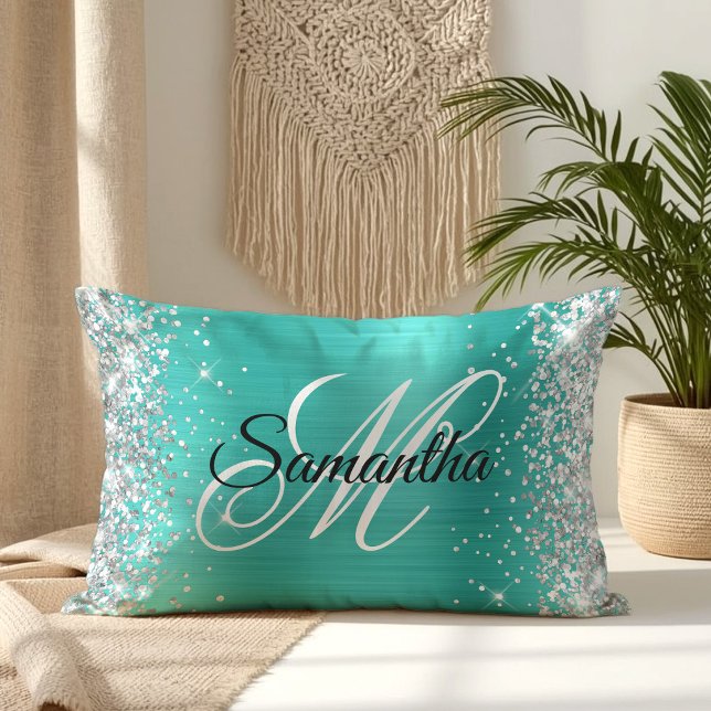 Silver Glitter Shiny Turquoise Foil Fancy Monogram Lumbar Cushion (Silver Glitter Shiny Turquoise Foil Fancy Monogram Lumbar Pillow)