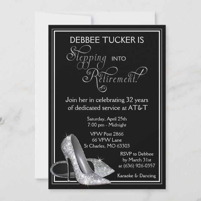 Silver Glitter Shoes Retirement Party Invitation (Front)