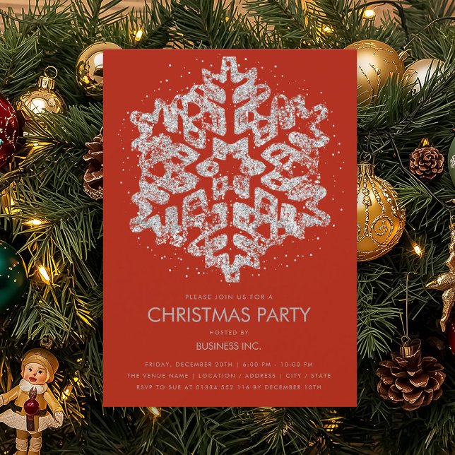 Silver Glitter Snowflake Christmas Party Red  Invitation (Silver Glitter Snowflake Christmas Party Red Invitation)