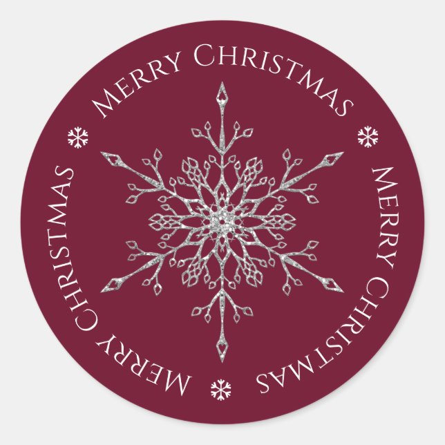 Silver Glitter Snowflake Merry Christmas Burgundy Classic Round Sticker (Front)