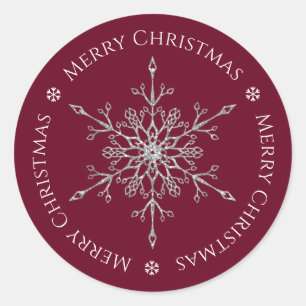 Silver Glitter Snowflake Merry Christmas Burgundy Classic Round Sticker